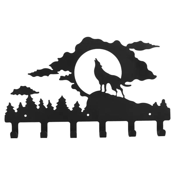 Metal wall clothes hat hanger art with wolf and moon design on a white background