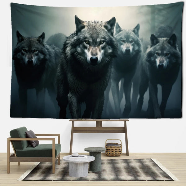Wolf pack tapestry hanging on a wall above a living room setup with a chair, table, and rug.