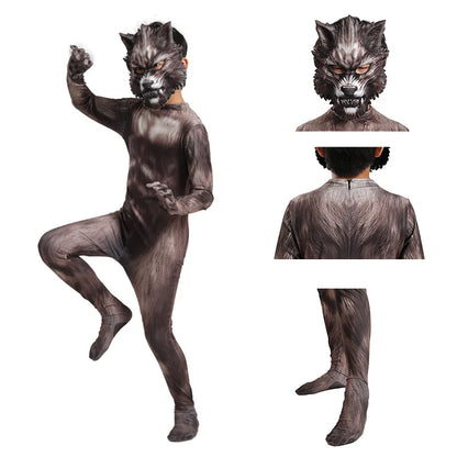 Wolf costume with mask and full-body suit on a white background