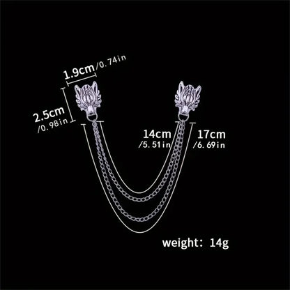 Twinfang Chain Brooch | Dual Wolf Head Collar Pin