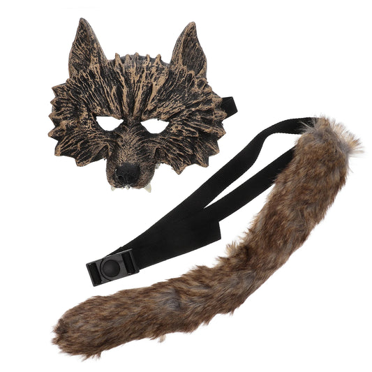 Wolf mask and tail set on a white background