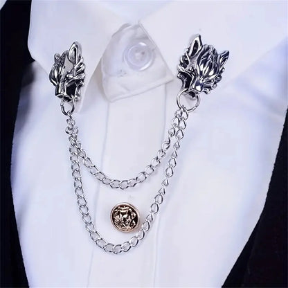 Twinfang Chain Brooch | Dual Wolf Head Collar Pin