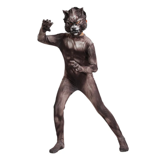 Full-body wolf tight suit with wolf head mask on a white background