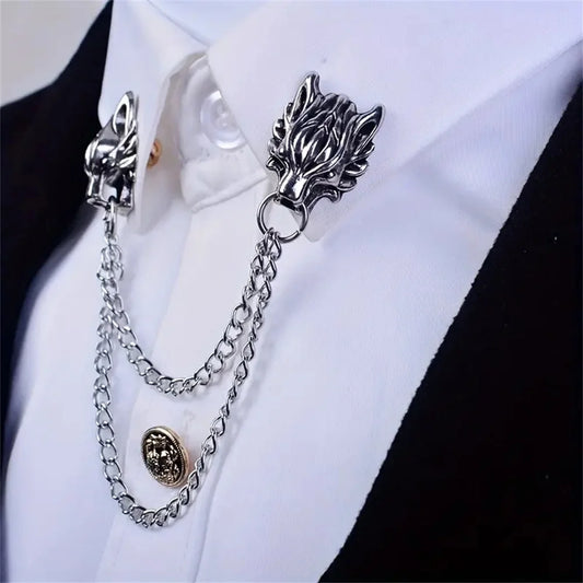 Twinfang Chain Brooch | Dual Wolf Head Collar Pin