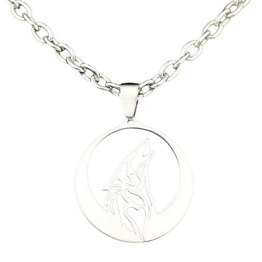 Silver necklace with a round pendant featuring a wolf design on a white background