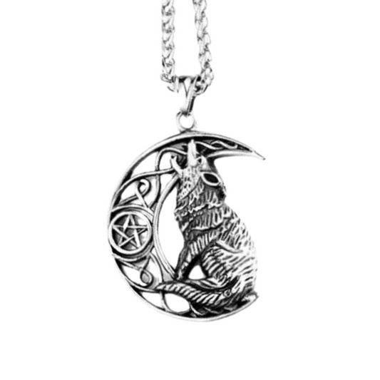 Silver necklace with a wolf and moon design on a white background