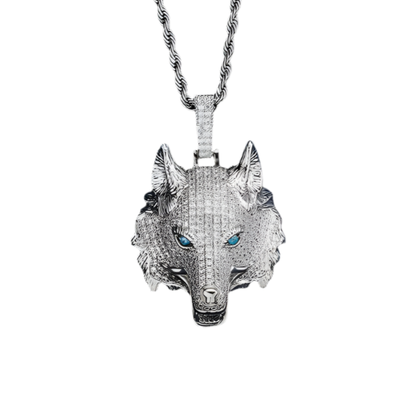 Bedazzled Wolf head pendant necklace on a white background