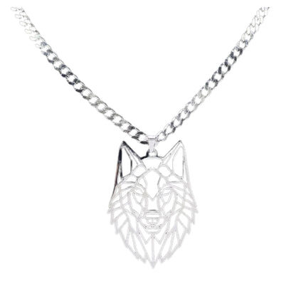 Silver wolf pendant necklace on a white background