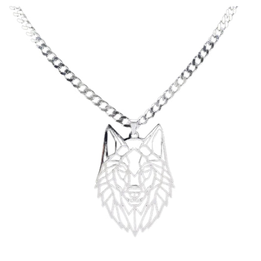 Silver wolf pendant necklace on a white background